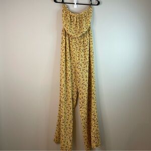 Forever 21 Yellow Floral Strapless Wide-Leg Jumpsuit Size Large